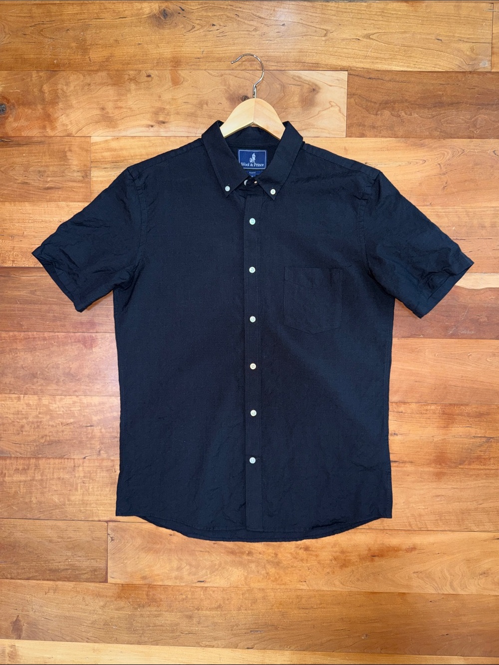 Wool & Prince Wool-Linen Black Short Sleeve Button-Down Shirt – Large Slim
